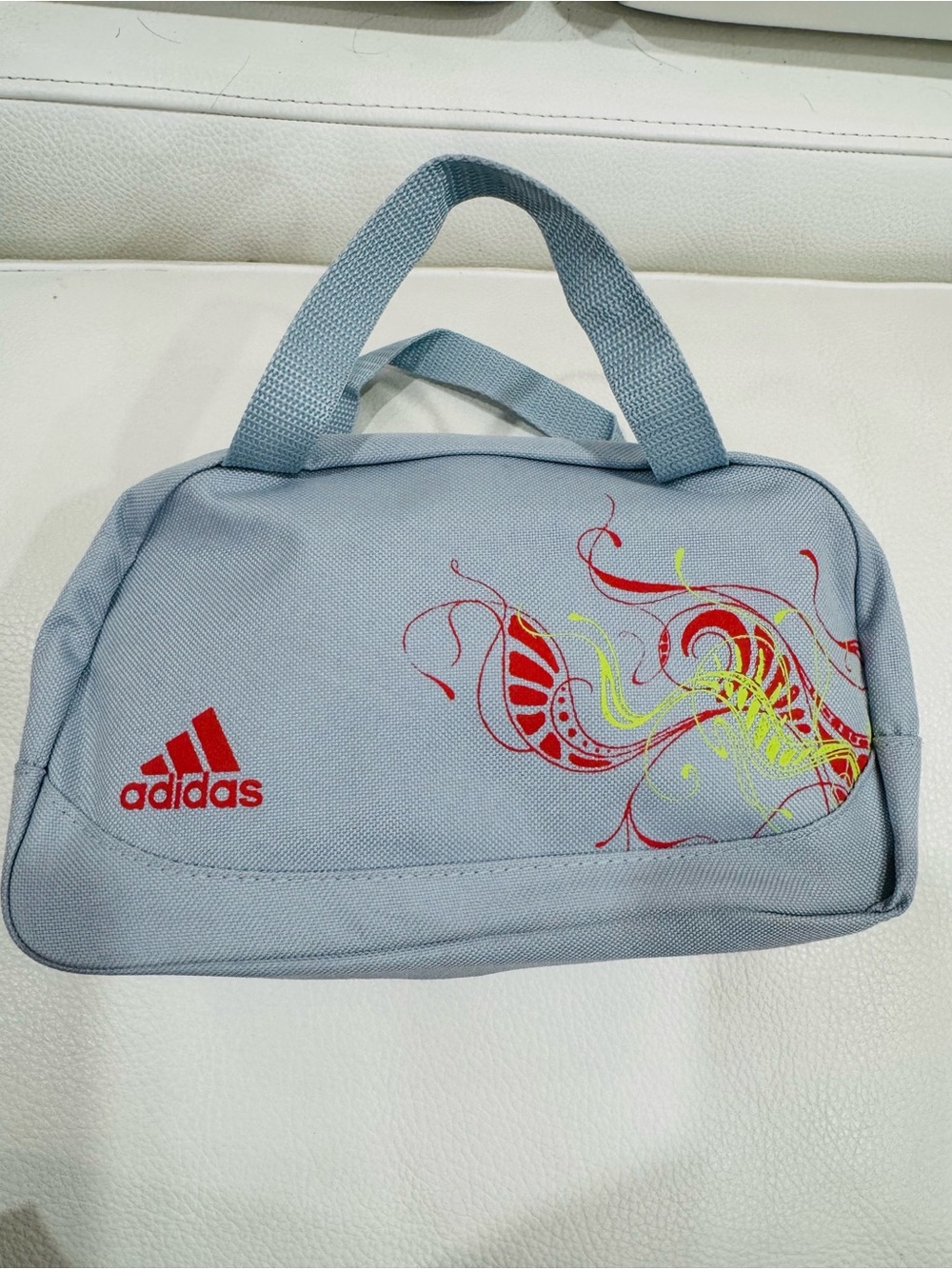 adidas Light Gray Toiletry Bag with Red Logo and Neon Accent and handles